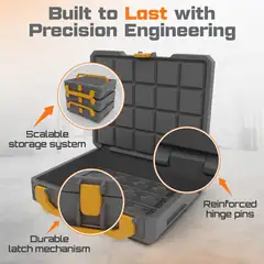 Graphite Modular storage box graphic highlighting scalable storage, a durable latch mechanism, and reinforced hinge pins.