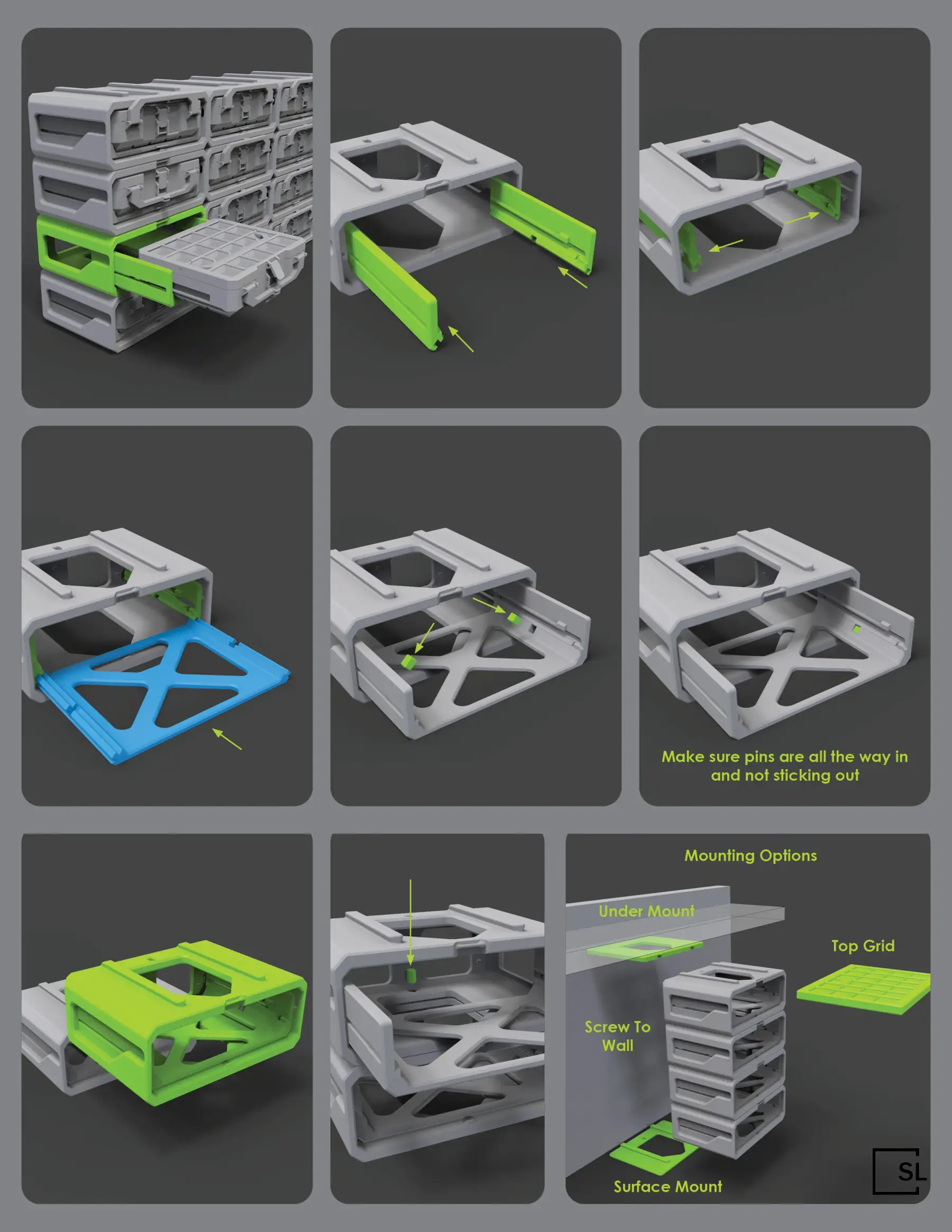 Graphite Modular Gridfinity-compatible storage system arranged in a stacked workshop layout